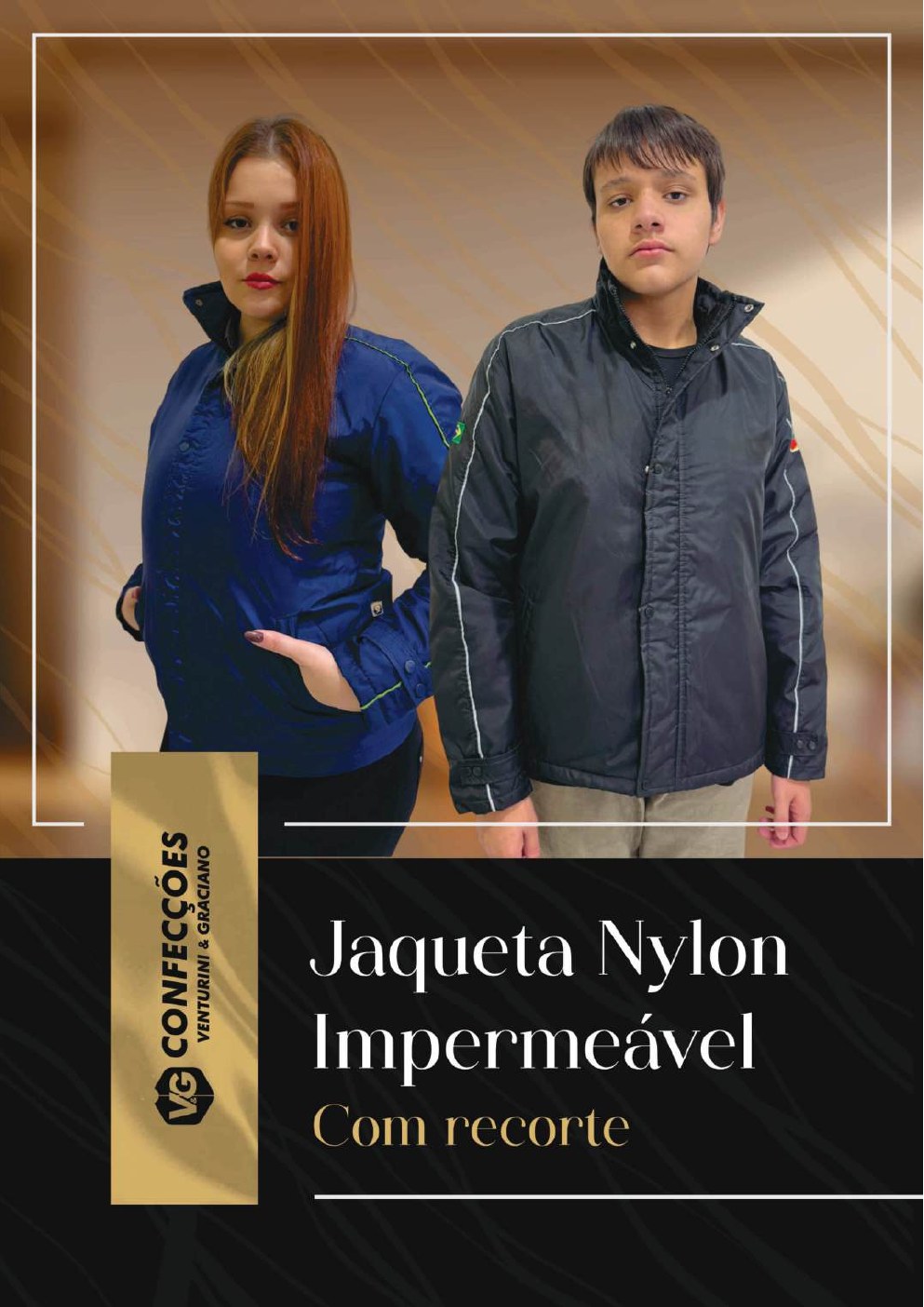 Modelos vestindo jaquetas de nylon impermeável com recorte V&G
